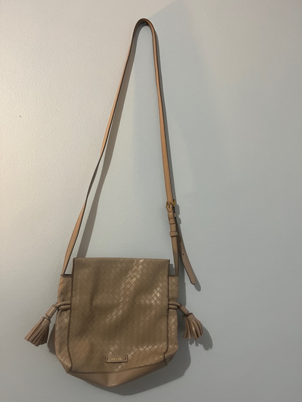 Fossil Taupe Woven Leather Crossbody with Tassels